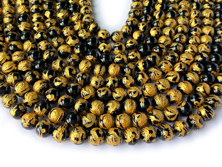 15.5" 10mm/12mm black Agate/onyx carving 4 god Round beads gold