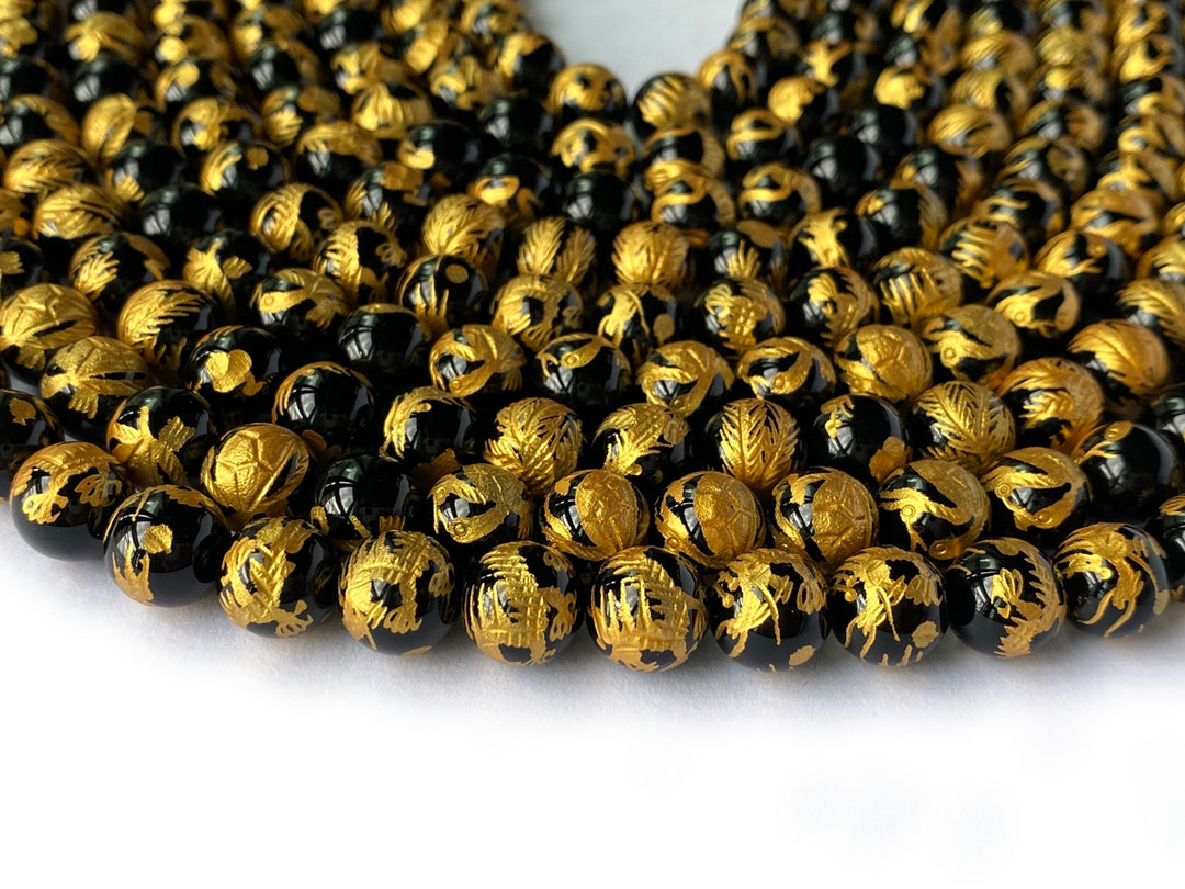 15.5" 10mm/12mm black Agate/onyx carving 4 god Round beads gold
