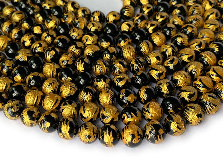 15.5" 10mm/12mm black Agate/onyx carving 4 god Round beads gold
