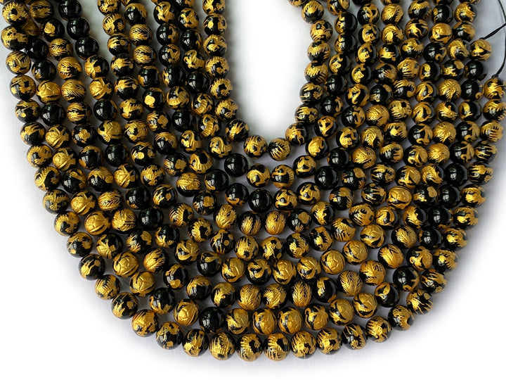 15.5" 10mm/12mm black Agate/onyx carving 4 god Round beads gold