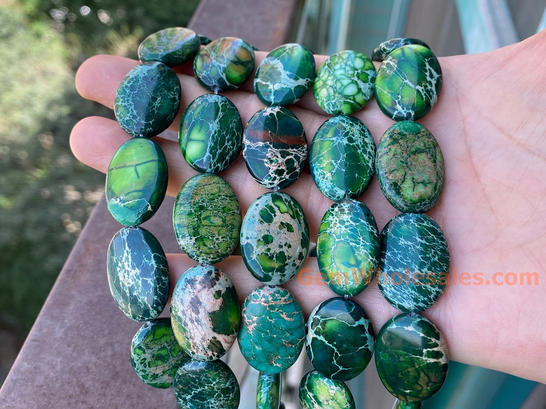15.5" 18x25mm green Sea Sediment oval beads, emperor jasper beads,impression jasper, Terra Jasper