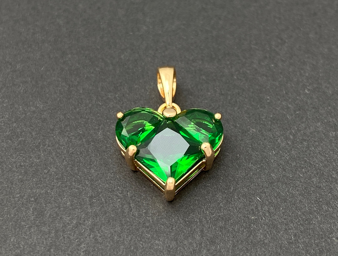 2PCS 14mm Green CZ heart, Gold Plated brass heart charms pendant