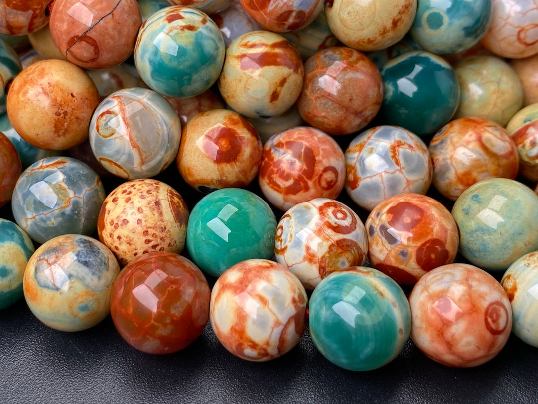 15.5" 10mm orange green fire agate round beads, Van Gogh's Sunflowers
