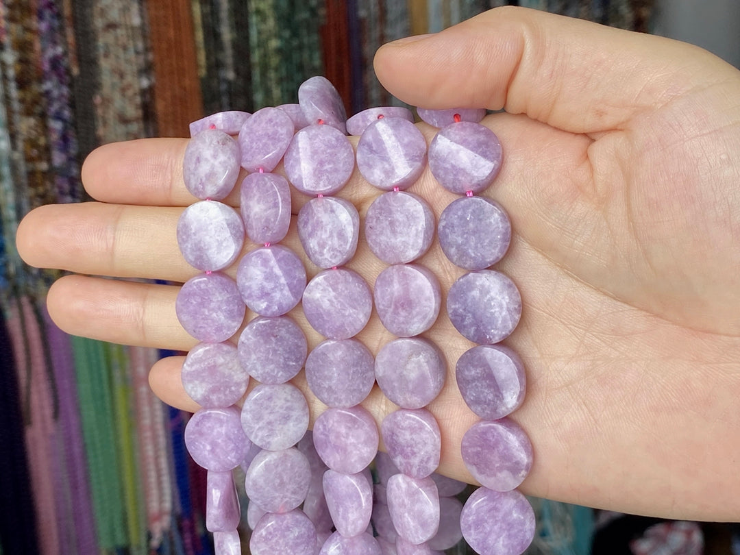 15.5" 16mm Natural light Lepidolite stone twisted round coin beads