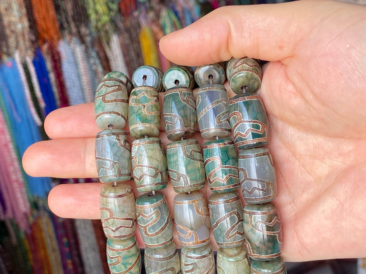 14" 15x22mm Antique green Bulk tibetan Dzi agate barrel drum beads Lotus