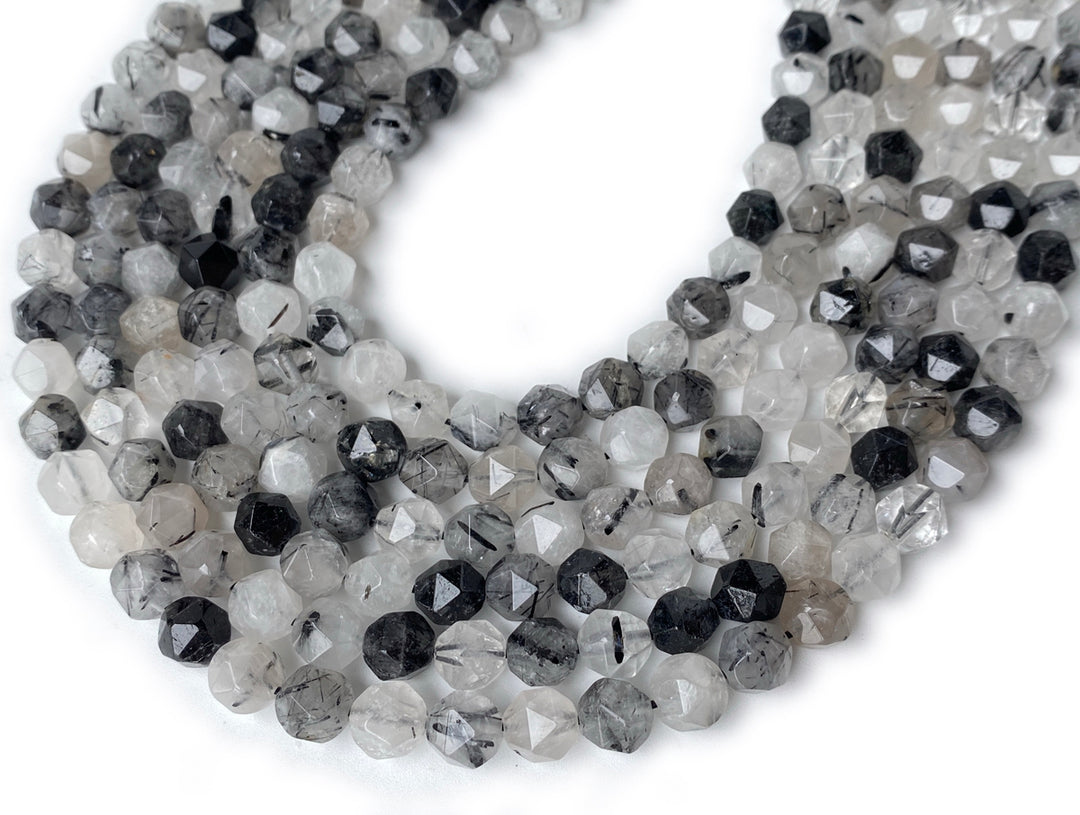15.5" 10mm Natural black rutilated quartz star faceted beads
