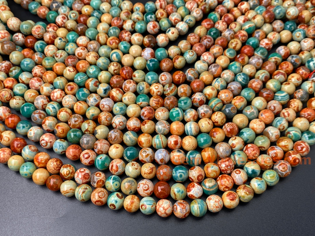 15.5" 10mm orange green fire agate round beads, Van Gogh's Sunflowers