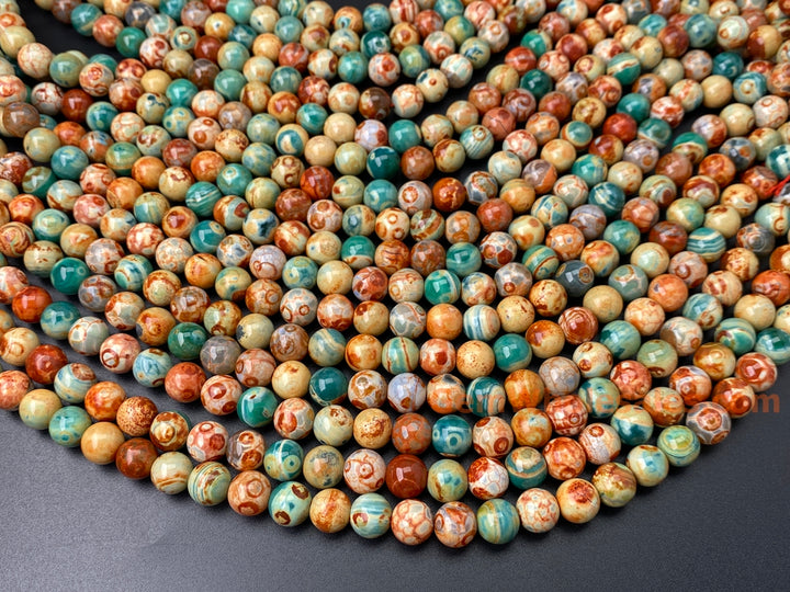 15.5" 10mm orange green fire agate round beads, Van Gogh's Sunflowers