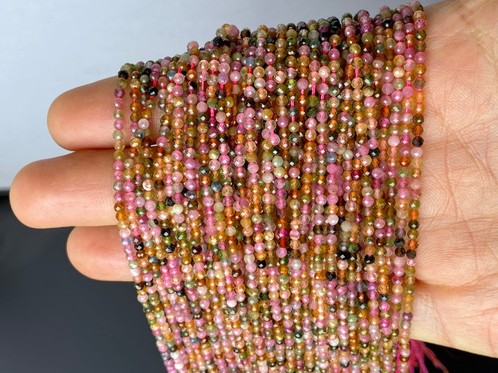 15.5" 2mm natural multi color Tourmaline round faceted gemstone beads AA