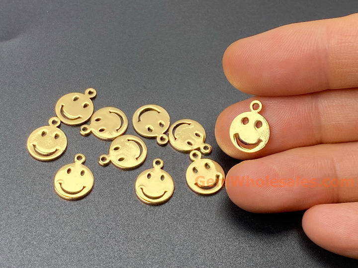 10PCS 10mm gold plated brass Happy Face Charm, flat smile findings