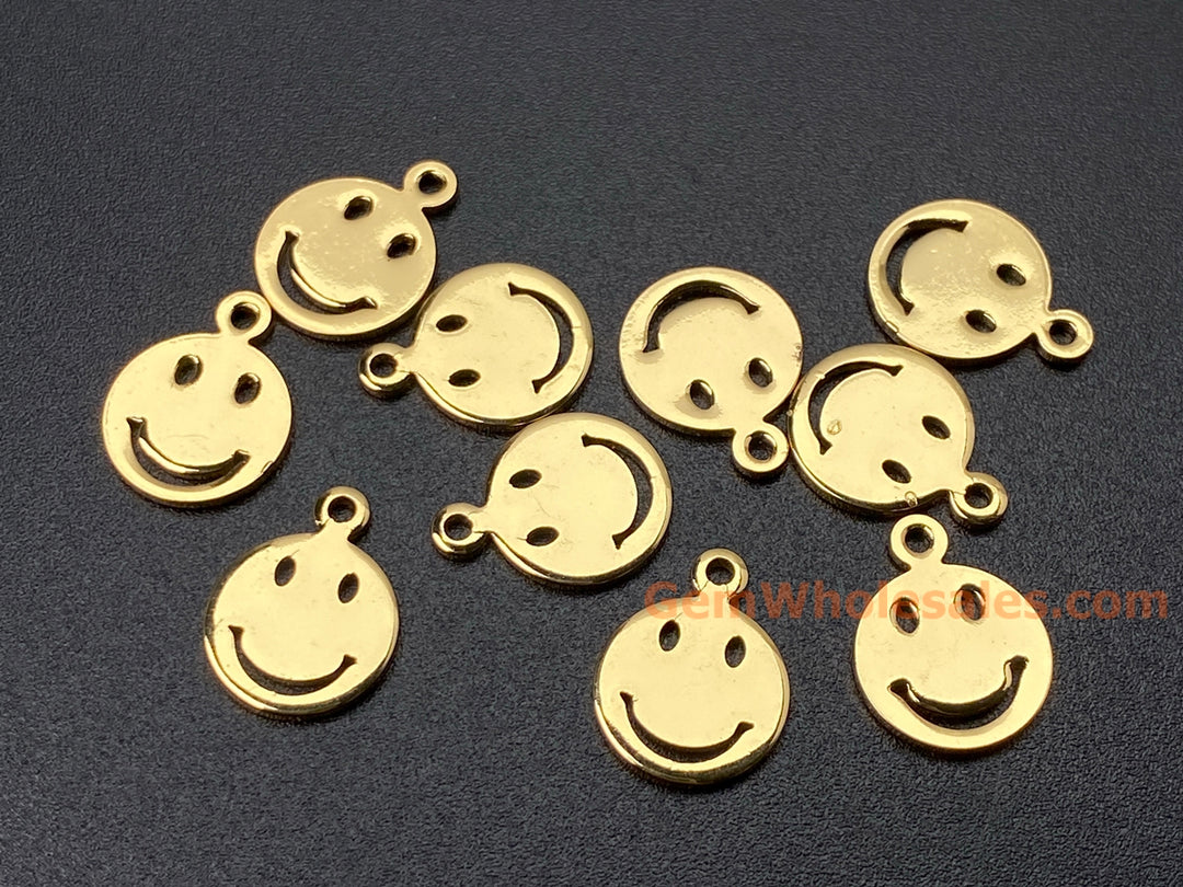 10PCS 10mm gold plated brass Happy Face Charm, flat smile findings