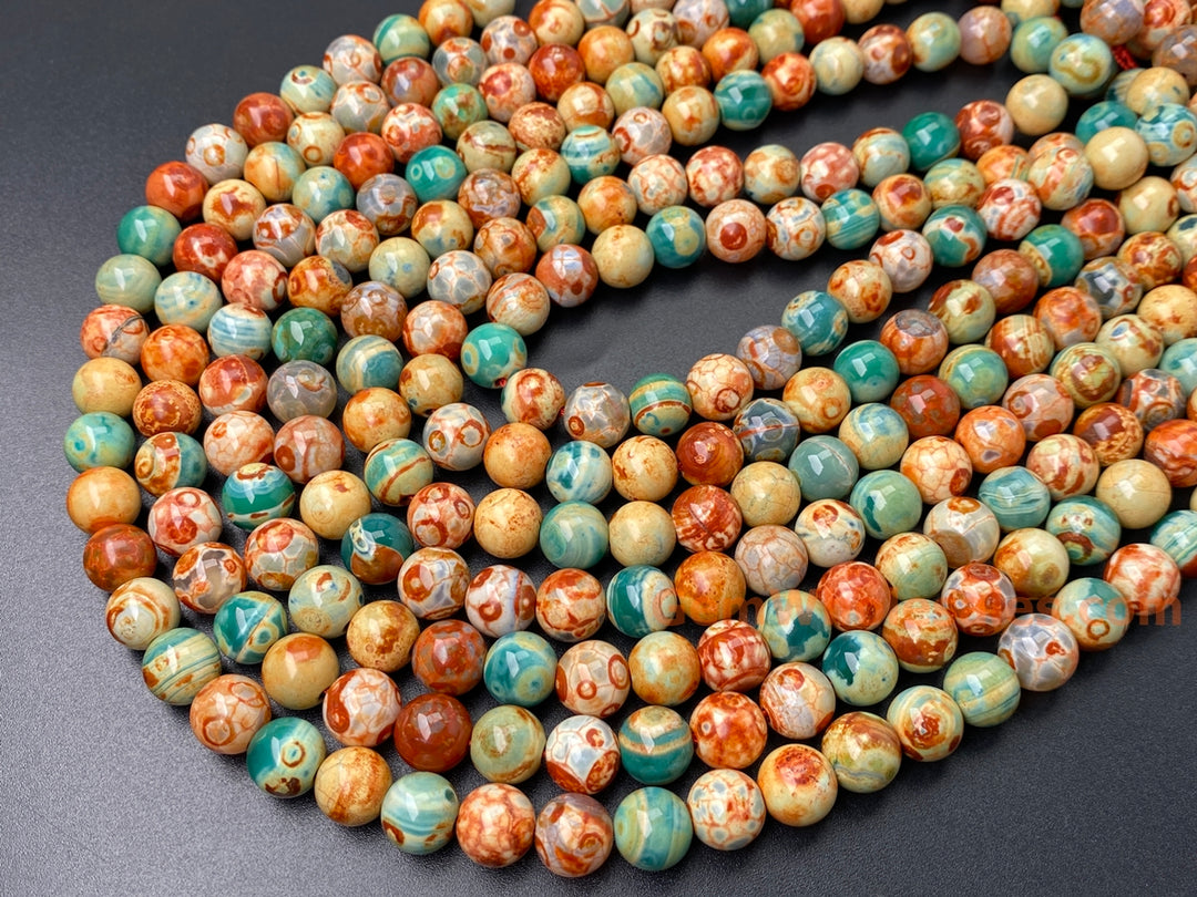 15.5" 10mm orange green fire agate round beads, Van Gogh's Sunflowers