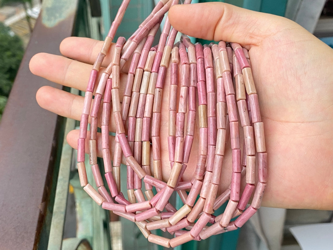 15.5" 4x13mm natural Rhodonite round tube beads, pink Cylinder