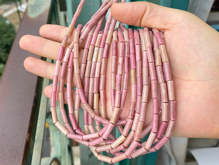 15.5" 4x13mm natural Rhodonite round tube beads, pink Cylinder