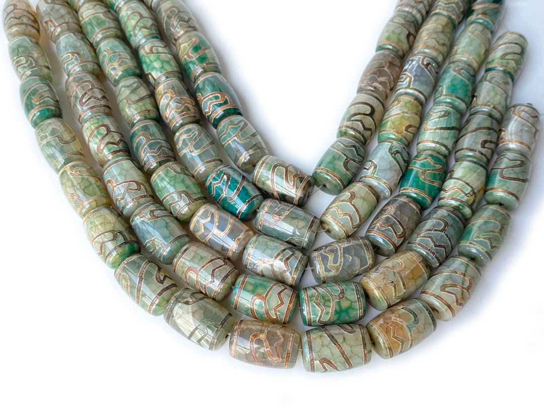 14" 15x22mm Antique green Bulk tibetan Dzi agate barrel drum beads Lotus