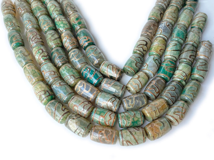 14" 15x22mm Antique green Bulk tibetan Dzi agate barrel drum beads Lotus