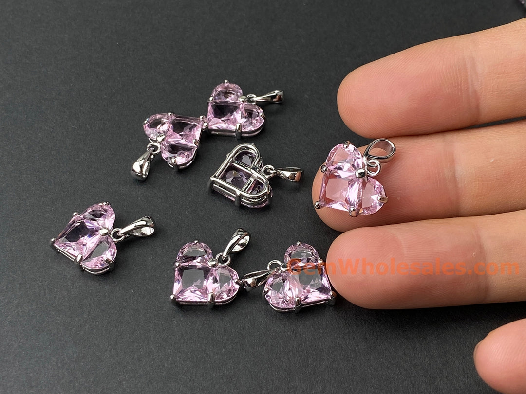 2PCS 14mm silver plated brass heart charms pendant, pink zircon heart