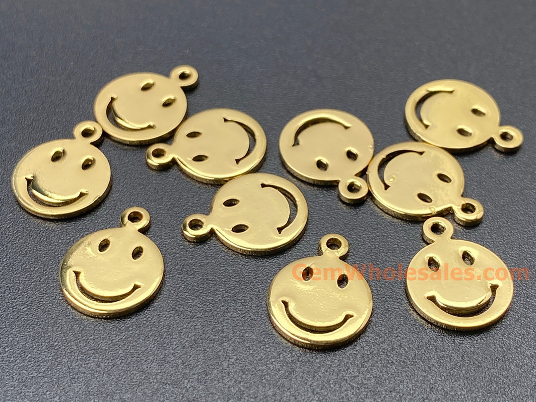 10PCS 10mm gold plated brass Happy Face Charm, flat smile findings