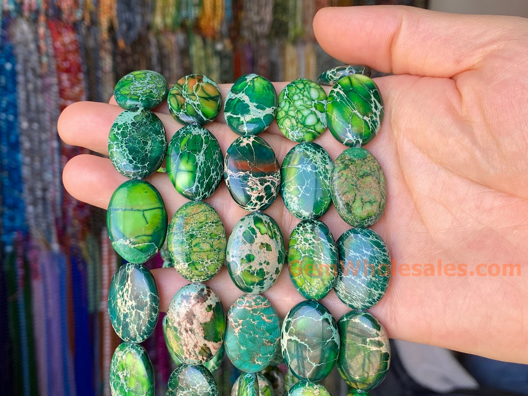 15.5" 18x25mm green Sea Sediment oval beads, emperor jasper beads,impression jasper, Terra Jasper