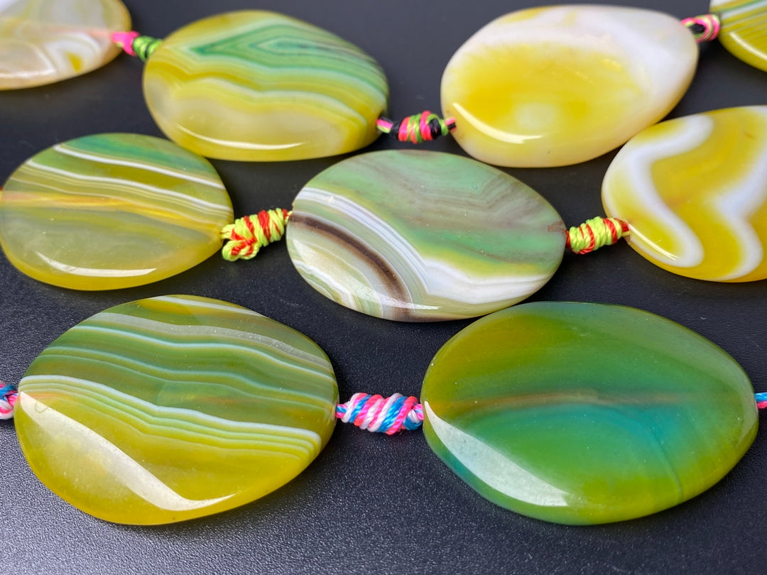 14" 30x40mm yellow green stripe Agate flat oval Gemstone beads