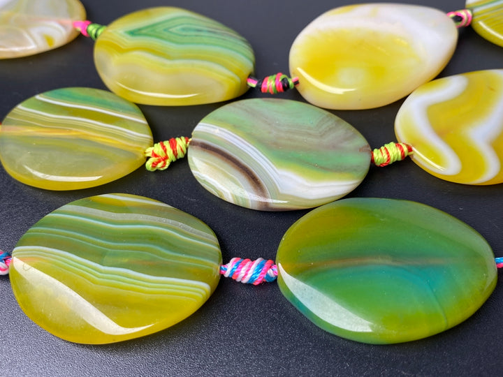 14" 30x40mm yellow green stripe Agate flat oval Gemstone beads