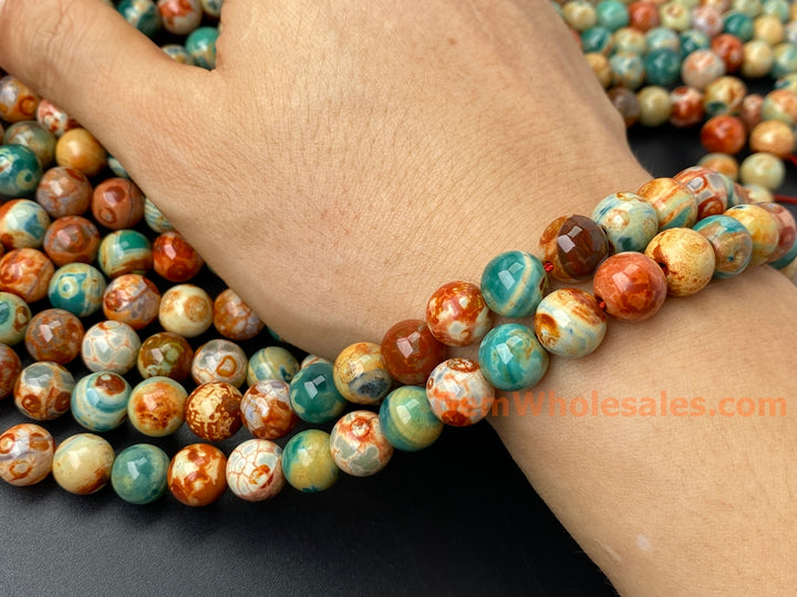 15.5" 10mm orange green fire agate round beads, Van Gogh's Sunflowers