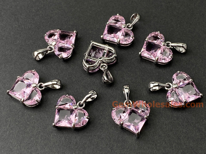 2PCS 14mm silver plated brass heart charms pendant, pink zircon heart