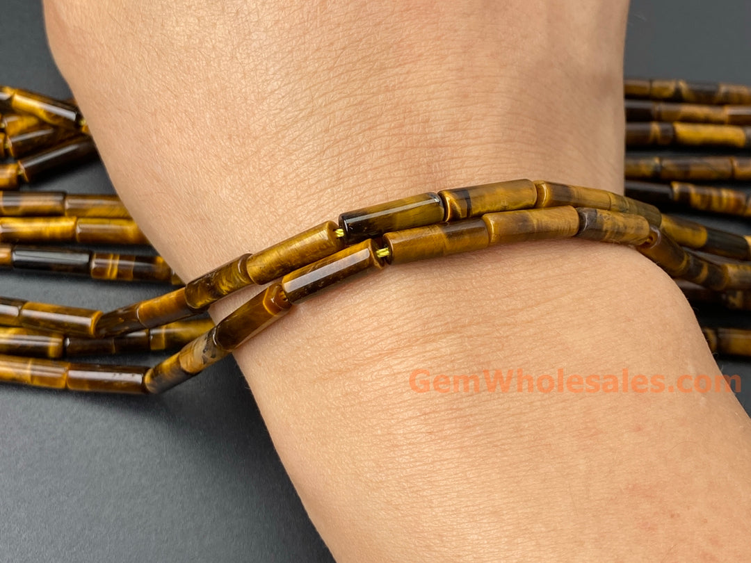 15" 4x13mm natural Yellow tiger eye stone round tube/cylinder beads