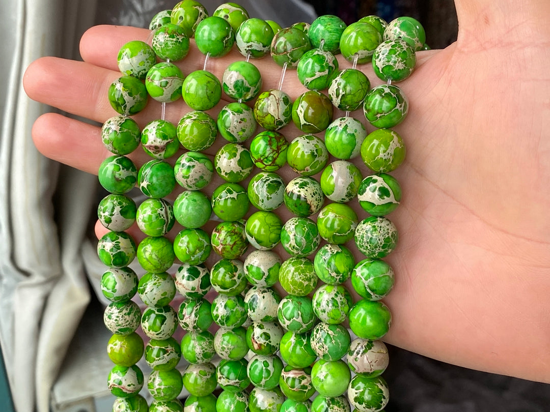 15.5" 10mm/12mm yellow green Sea Sediment round beads,emperor jasper, Aqua Terra Jasper