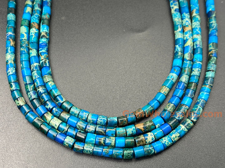 15.5“ 4x4mm blue Sea Sediment, Impression Jasper tube Heishi beads
