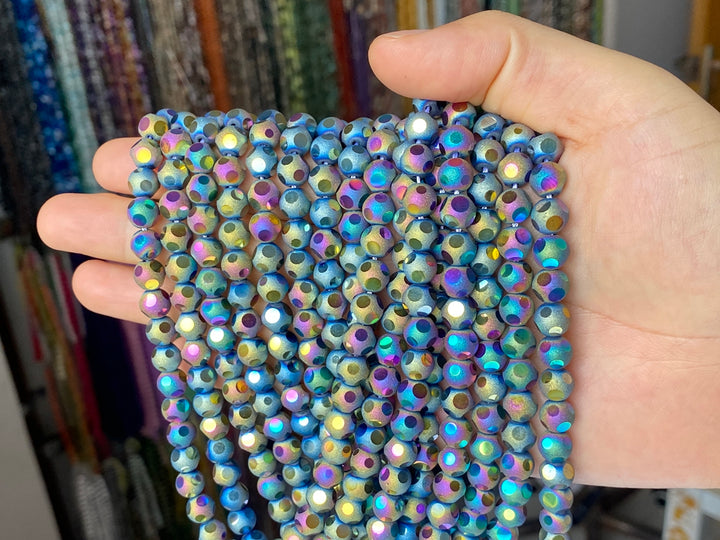 15.5" 8mm/10mm rainbow glass football cutting round faceted beads