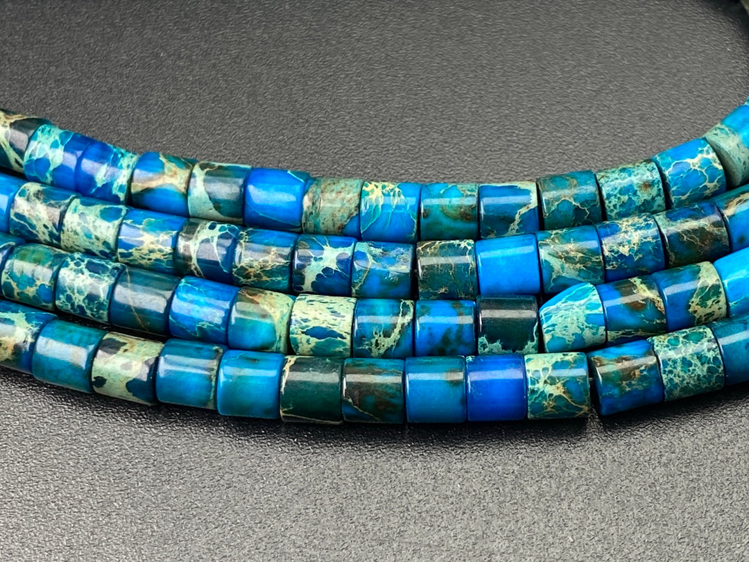 15.5“ 4x4mm blue Sea Sediment, Impression Jasper tube Heishi beads