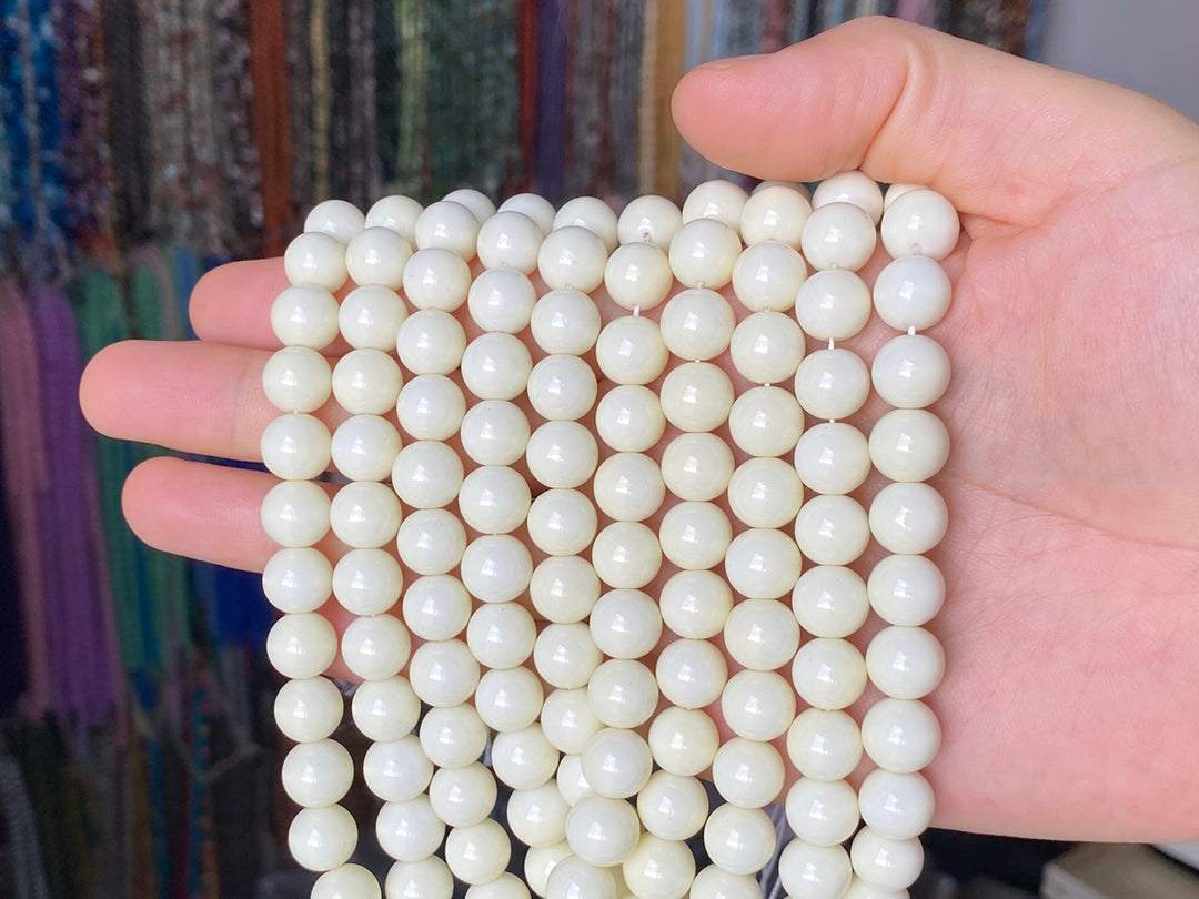 15.5" Glass druk round beads beige 6mm/8mm/10mm/12mm