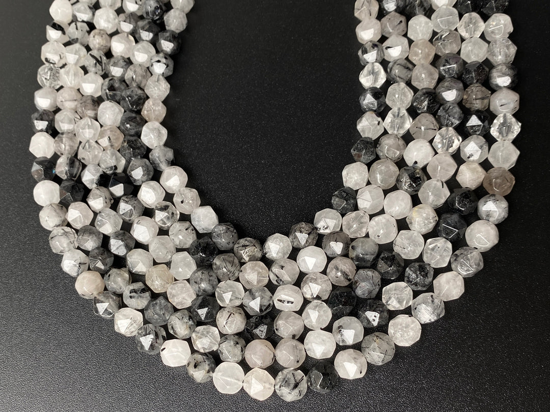 15.5" 8mm Natural black rutilated quartz star faceted beads