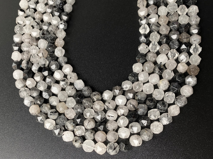 15.5" 8mm Natural black rutilated quartz star faceted beads