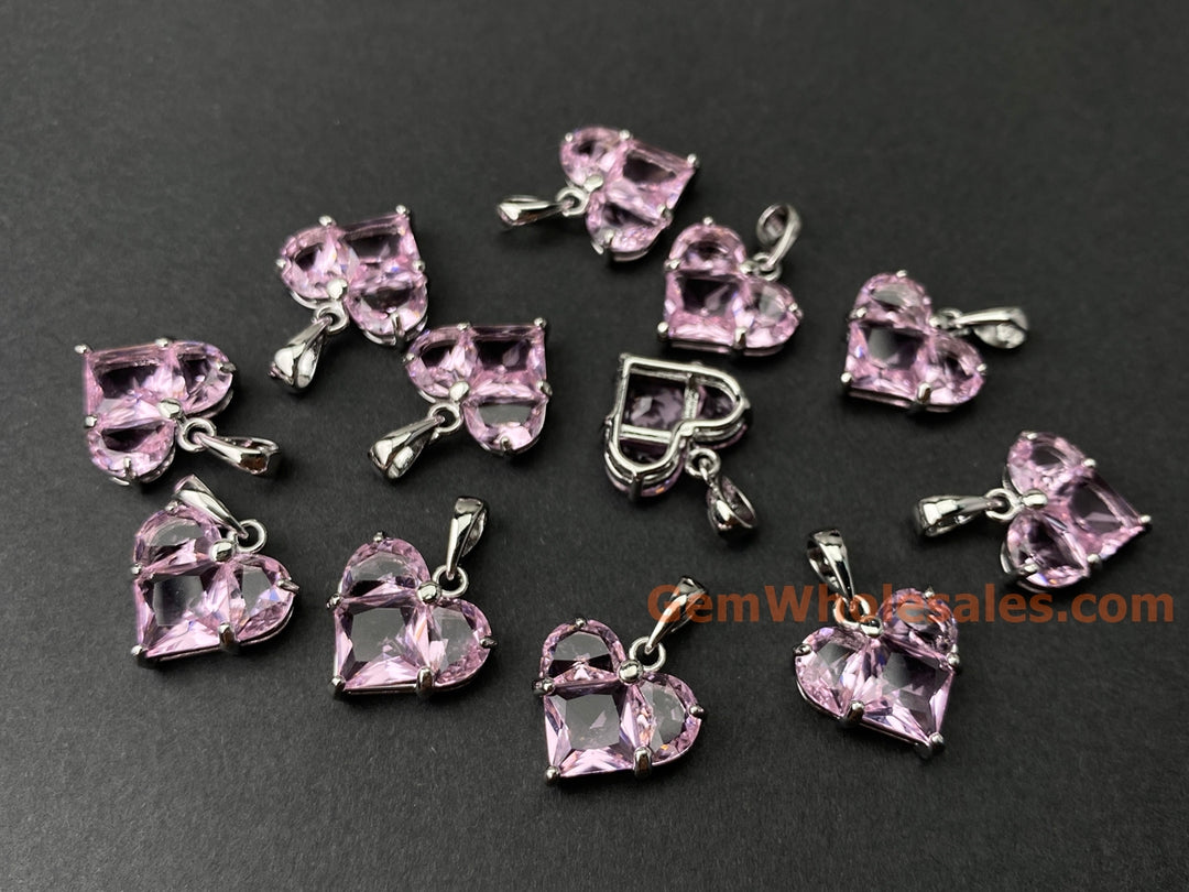 2PCS 14mm silver plated brass heart charms pendant, pink zircon heart