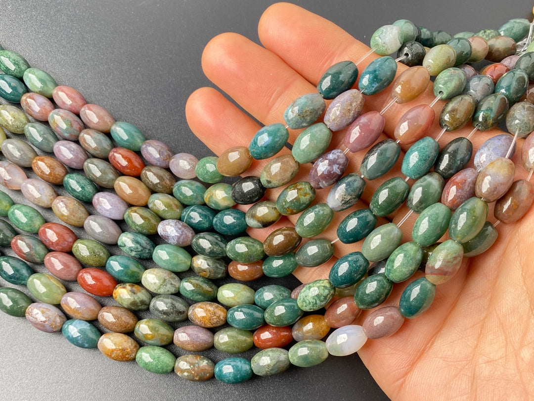 15.5" Natural 8x12mm green Indian agate drum beads AA