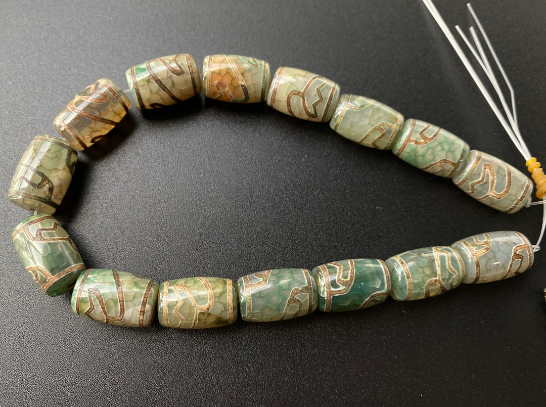 14" 15x22mm Antique green Bulk tibetan Dzi agate barrel drum beads Lotus