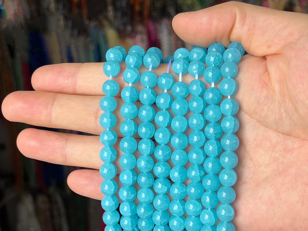15" 8mm Blue green Glass round beads, angelite blue cracked glass