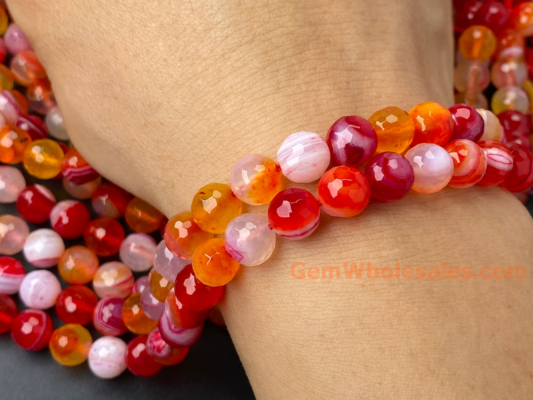 15" 6mm/8mm/10mm orange red stripe Agate Round faceted beads