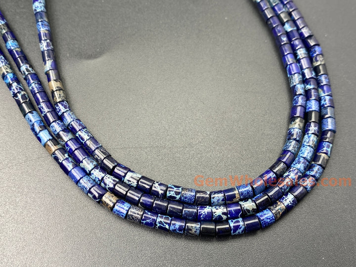 15.5" 4x4mm Dark blue Sea Sediment, Impression Jasper tube Heishi beads