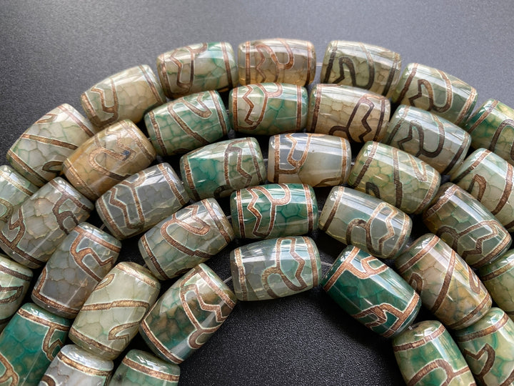 14" 15x22mm Antique green Bulk tibetan Dzi agate barrel drum beads Lotus