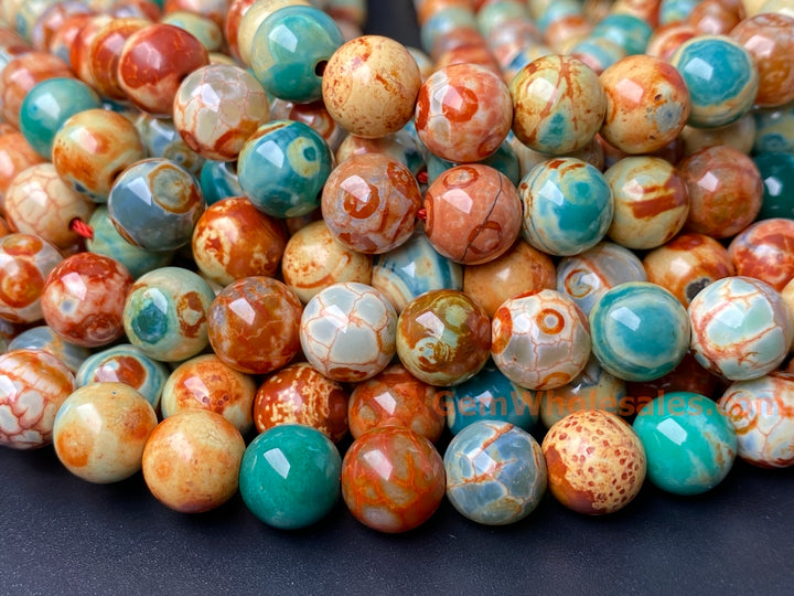 15.5" 10mm orange green fire agate round beads, Van Gogh's Sunflowers
