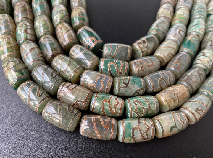14" 15x22mm Antique green Bulk tibetan Dzi agate barrel drum beads Lotus
