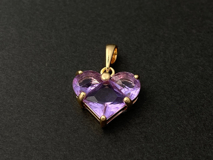 2PCS 14mm purple CZ heart, Gold Plated brass heart charms pendant