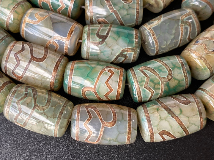 14" 15x22mm Antique green Bulk tibetan Dzi agate barrel drum beads Lotus