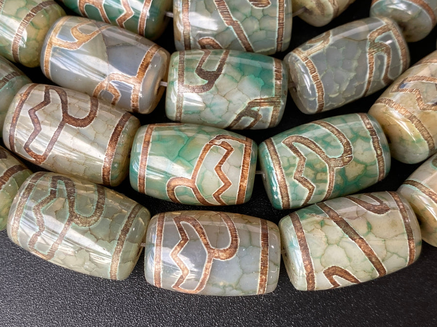 14" 15x22mm Antique green Bulk tibetan Dzi agate barrel drum beads Lotus