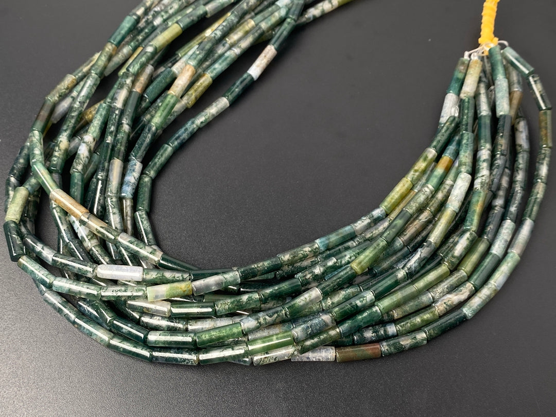 15.5" 4x13mm natural green moss Agate round Tube beads Gemstone