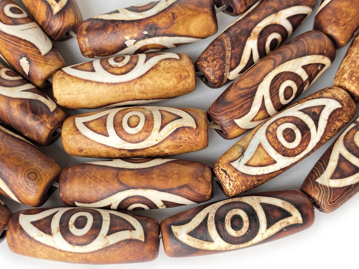 10PCS 10x28mm Antique brown Tibetan DZI agate barrel/rice beads 2 eyes