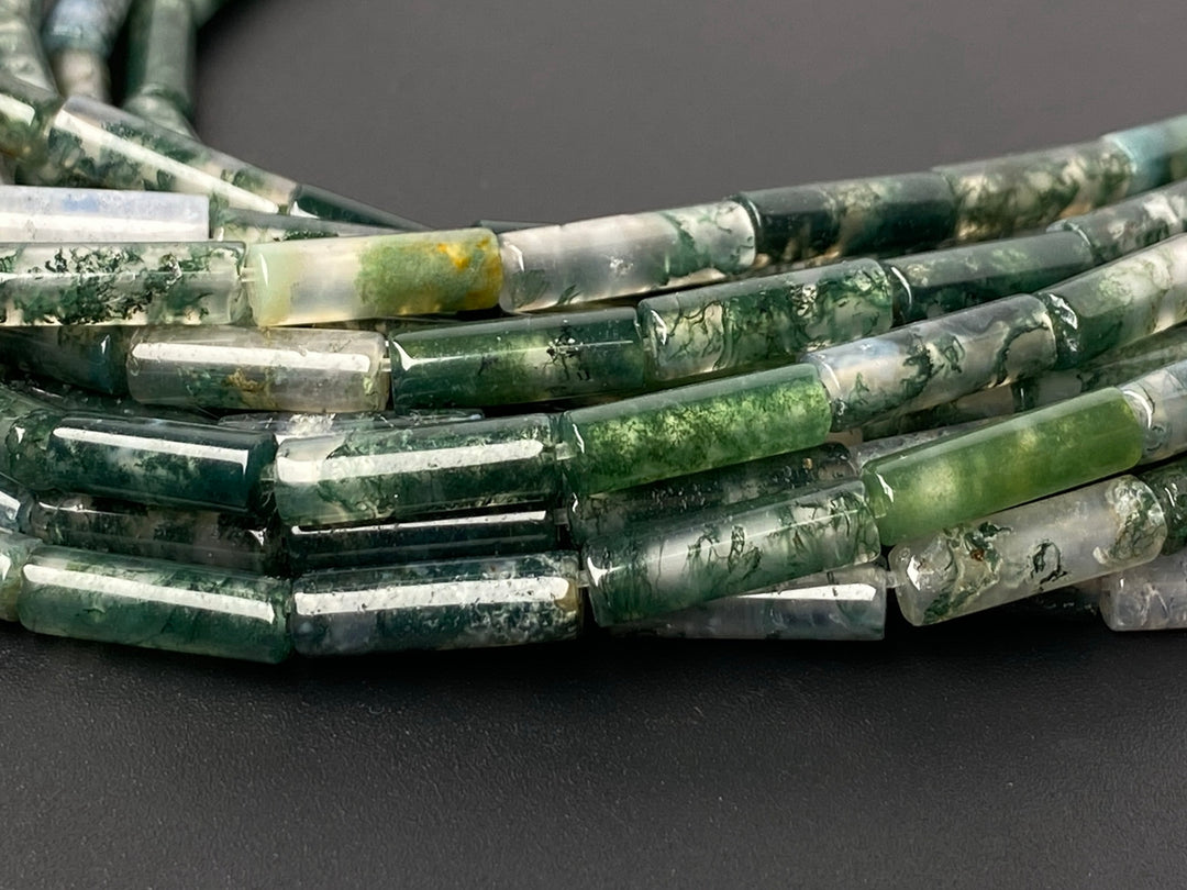 15.5" 4x13mm natural green moss Agate round Tube beads Gemstone